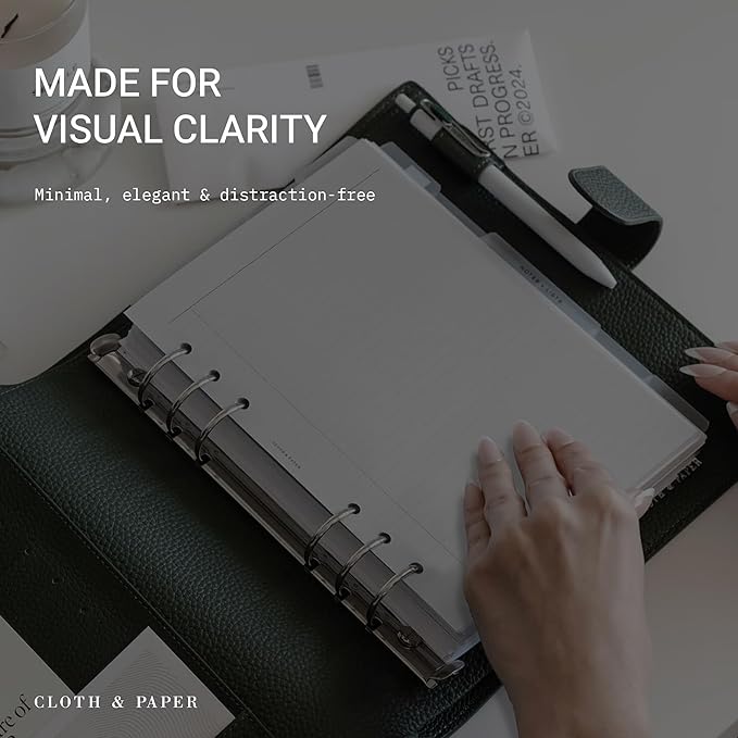 Cloth & Paper Task Planner Inserts – Personal Size 3.75 x 6.75 Inches | 6-Ring To-Do List 15 double sided Daily Planner Organizer | Minimalist Design | Premium Paper for Notes & Reminders