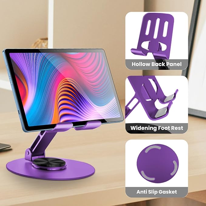 Universal Metal Cell Phone Stand, Multi-Angel Adjustable 360° Rotation Non-Slip Metal Phone Stand Compatible with iPhone 17 16 Pro Max and All Smartphones (Purple&Purple)