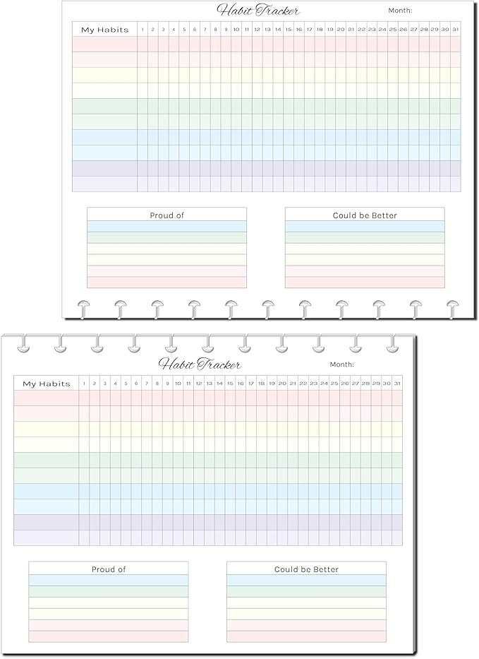 Horizontal Habit Tracker Inserts for 7, 9, 11 Disc | Mini, Classic, Skinny, Big, Letter, Junior Size Planners | Color or Black & White | Monthly Habit Log (Color, 11-Disc Letter)