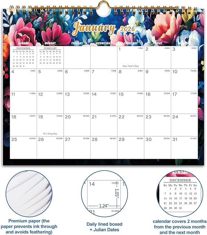 Calendar 2026-18 Monthly Wall Calendar, January 2026 - June 2027, 8.5" x 11", Calendar 2026-2027 with Twin-Wire Binding, Hanging Hook, Blocks and Julian Dates (Bright Wall Calendar)