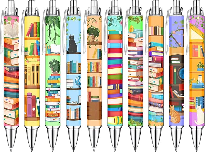 Idealmuzik Bookshelf Theme Ballpoint Pens, 10 Pack – Colorful Book & Library Design Pens with Reading and Study Icons, Smooth Writing Pens for Students, Teachers, Readers & Office Use