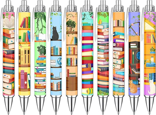 Idealmuzik Bookshelf Theme Ballpoint Pens, 10 Pack – Colorful Book & Library Design Pens with Reading and Study Icons, Smooth Writing Pens for Students, Teachers, Readers & Office Use