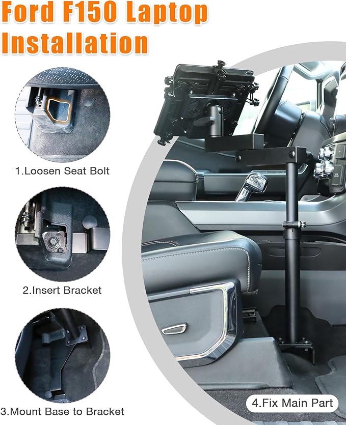 MELIPRON Truck Laptop Mount Fit for 15-25 Ford F150, 17-25 F250, F350, F550, No-Drilling Vehicle Computer Stand for Passenger Seat, Adjustable Height, 2 Built-in Cooling Fans