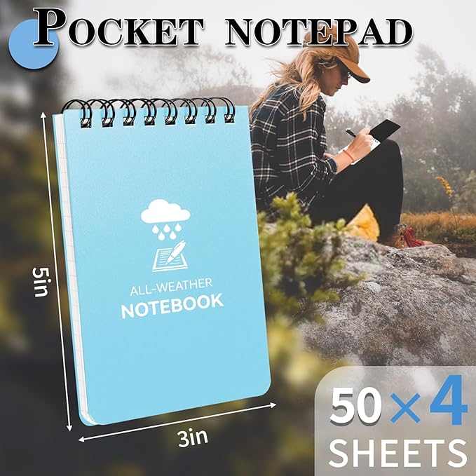 Waterproof Notebook, 4 Pack Top-Spiral Pocket Notepad, 3" x 5" Weatherproof NotePad, All Weather Police Pocket Notebook Little Memo Steno Note Pads for Outdoor Office School Recording, Blue