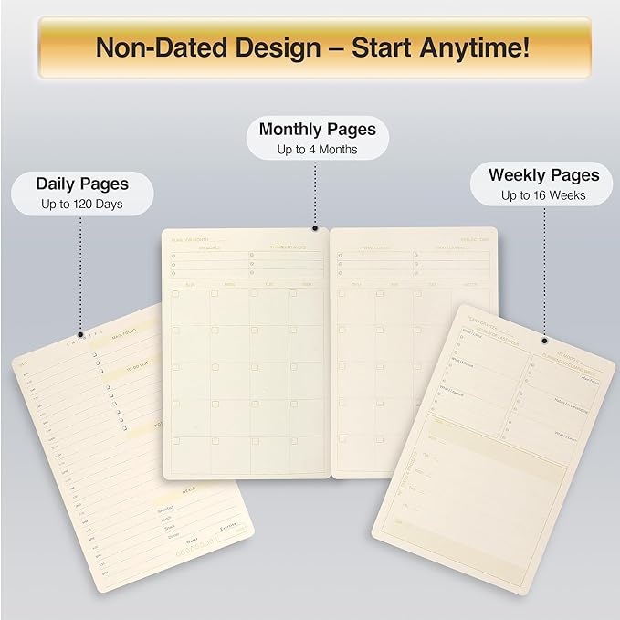 Bamboo Cover Undated Portable Planner Notebook – Daily, Weekly & Monthly Organizer, Lay-Flat A5 (5.7” × 8.3”), 100 GSM Paper, 160 Pages, 4-Month Layout (Blue)
