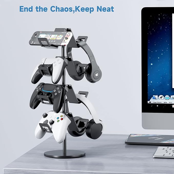 Controller Holder 4 Tier,Headphone Stand - Adjustable Headset Holder for Xbox PS5 PS4 Switch Pro - Gaming Accessories Storage for Gamer,Desk/Floor(Black)