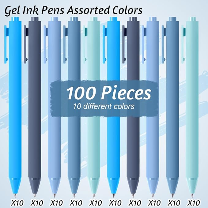 Crtiin 100 Pcs Gel Ink Pens Bulk, Black Ink 0.5mm Fine Point Retractable Pen Smooth Writing Office Supplies for Teacher Server Nurse Valentine Galentine Gift (Blue Series)