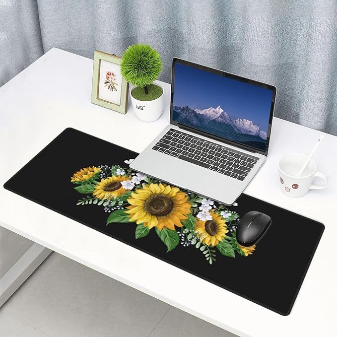 Sunflowers Wild Flowers Large Mouse Pad with Stitched Edges Long Non-Slip Rubber Base Mousepad Laptop Keyboard Mat Desk Pad for Office Home Desk Decor, 31.5" X 11.8"