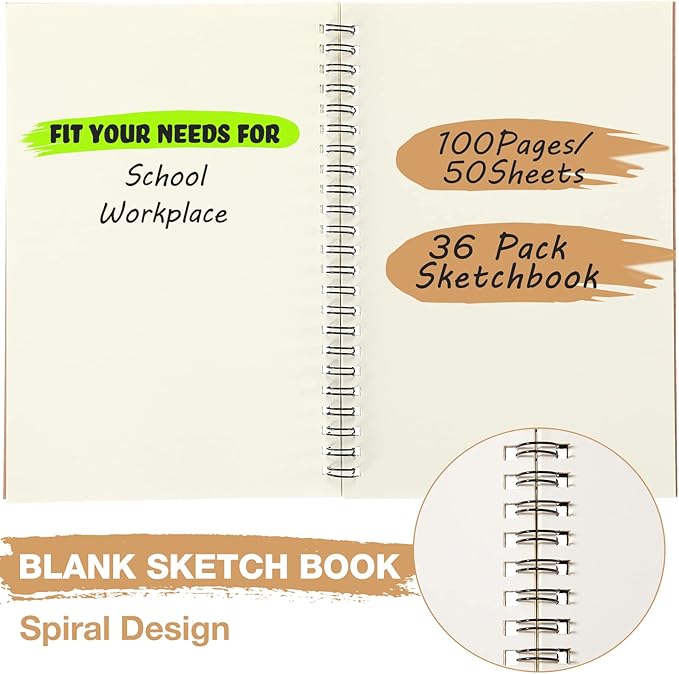 Epakh 36 Pack Blank Spiral Notebook Unlined Notebook Bulk A5 Soft Cover Students Sketchpads Memo Notepad for Drawing Art Back to School Gifts 100 Pages/ 50 Sheets, 8.3 x 5.5 Inches(Brown)