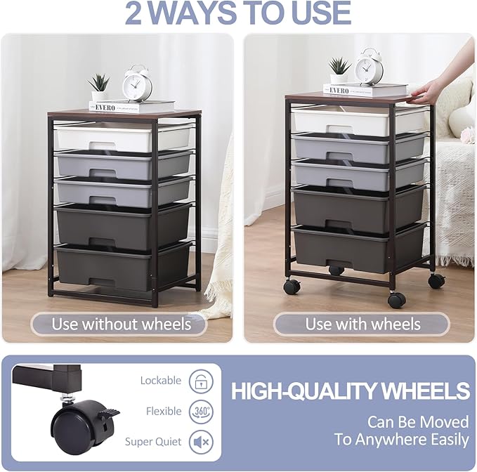 Utility Cart with 5 Drawers,Storage Drawer Cart with Wooden Tabletop and Lockable Wheels,Craft Storage Trolley Cart,5-Tier Rolling Utility Cart on Wheels,Dark Grey