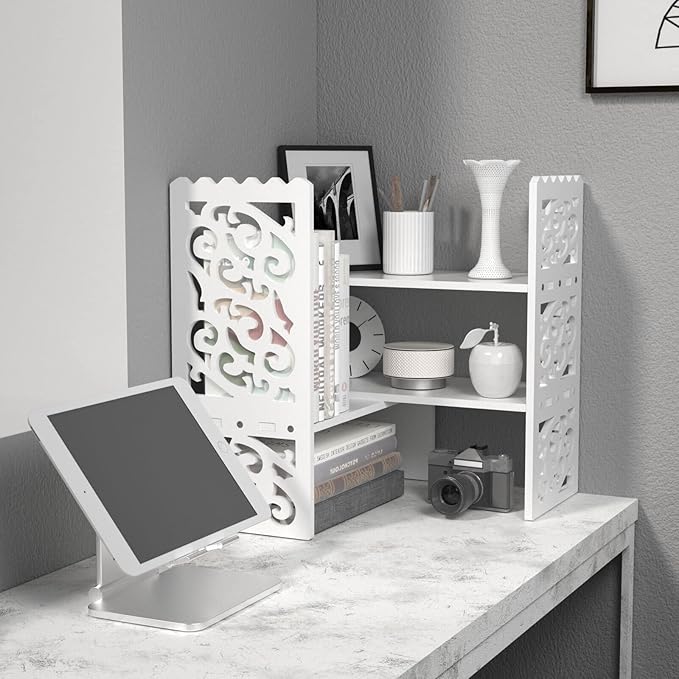 MASAKA B&W - Kawaii Storage Desktop Organizer for Your Desk Space, Double H Plants Display Shelf, Home Office Storage Rack Adjustable Stackable for Office, Dormitory (White*09)