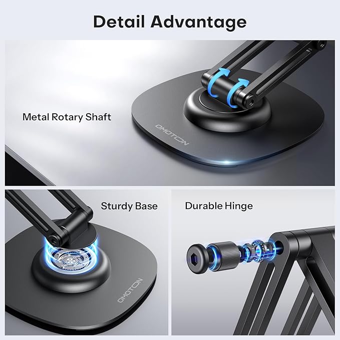 OMOTON 360°Rotating Magnetic Phone Stand for Desk, Adjustable Foldable Aluminum for MagSafe Cell Phone Stand Holder with Non-Slip Base, for iPhone 17/16/15/14 Pro Max Air/MagSafe Case- Black