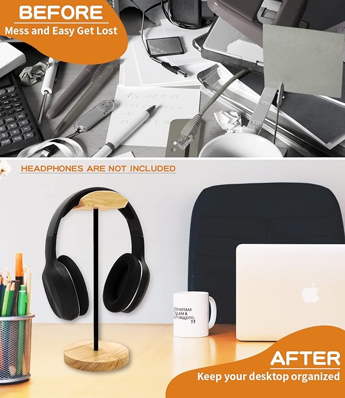 Headphone Stand Nature Wood & Aluminum Headset Hanger Mount Hook Gaming Holder Desktop Earphone Artful Functional Craftmanship Stand for All Headsets with Solid Wooden Base