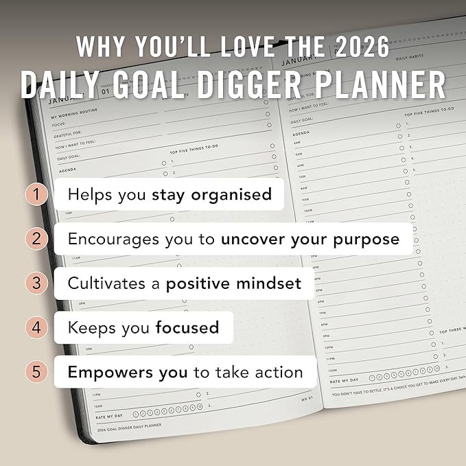 MI GOALS Goal Digger Daily Planner 2026 | Dated Journal for Gratitude, Progress & Habit Tracking | Day-To-A-Page B5 (Black)