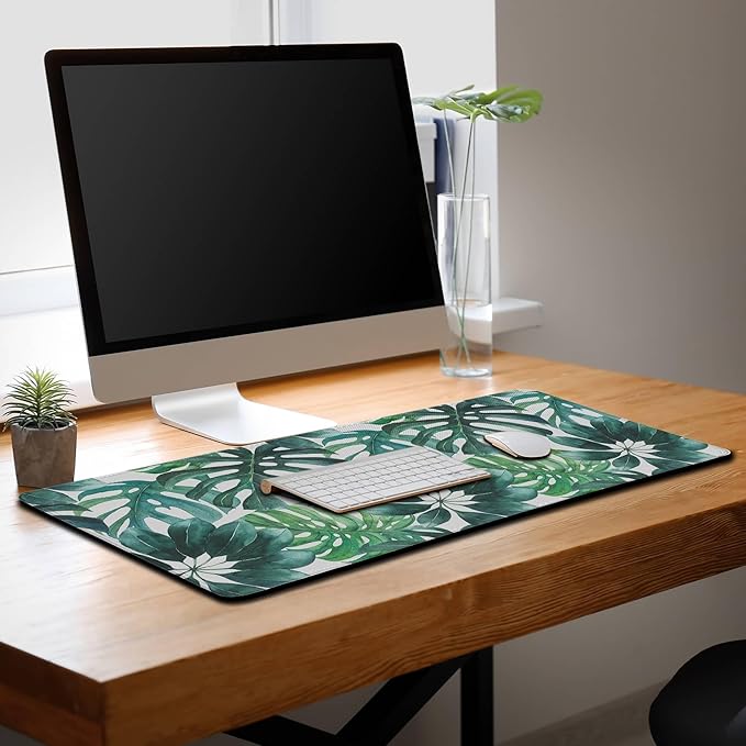 Large Mouse Pad Green Desktop Mat, Gaming Mouse Pads Computer Mats, Full Desk Mat Waterproof Non-Slip Rubber Base, 35.4 X 15.7 inch for Work/Game/Office/Home Watercolor Tropical Leaves Art