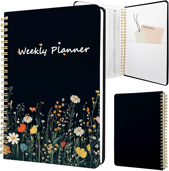 Weekly Planner Undated - 52 Weeks To Do List Notebook A5 for Work: Weekly Task, Habit Tracker Journal, Goal Setting, Agenda Sprial Bound Organizer Book Women Cute Stylish Design, Black Flower