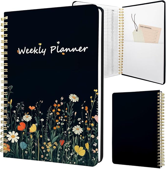 Weekly Planner Undated - 52 Weeks To Do List Notebook A5 for Work: Weekly Task, Habit Tracker Journal, Goal Setting, Agenda Sprial Bound Organizer Book Women Cute Stylish Design, Black Flower