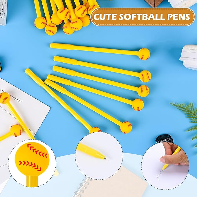 LiYiQ 100 Pcs Softball Party Favor Cartoon Cute Fun Pens for Kids Kawaii Softball Shape Gel Black Ink Pen Cute Softball Pens for School Office Home Student Kids Present