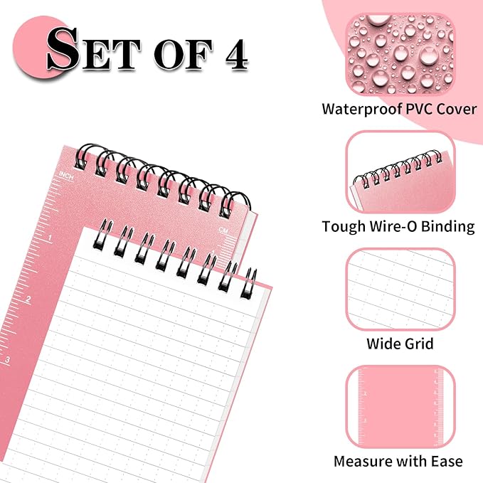 Waterproof Notebook, 4 Pack Top-Spiral Pocket Notepad, 3" x 5" Weatherproof NotePad, All Weather Police Pocket Notebook Little Memo Steno Note Pads for Outdoor Office School Recording, Pink