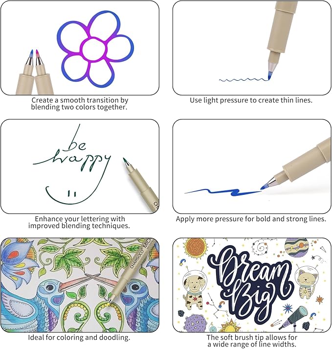Arts Sign Brush Pen, Felt Tip Water Based Ink with 36 Colors, for Journaling, Lettering, Calligraphy, Technical Drawing and Scrapbooking