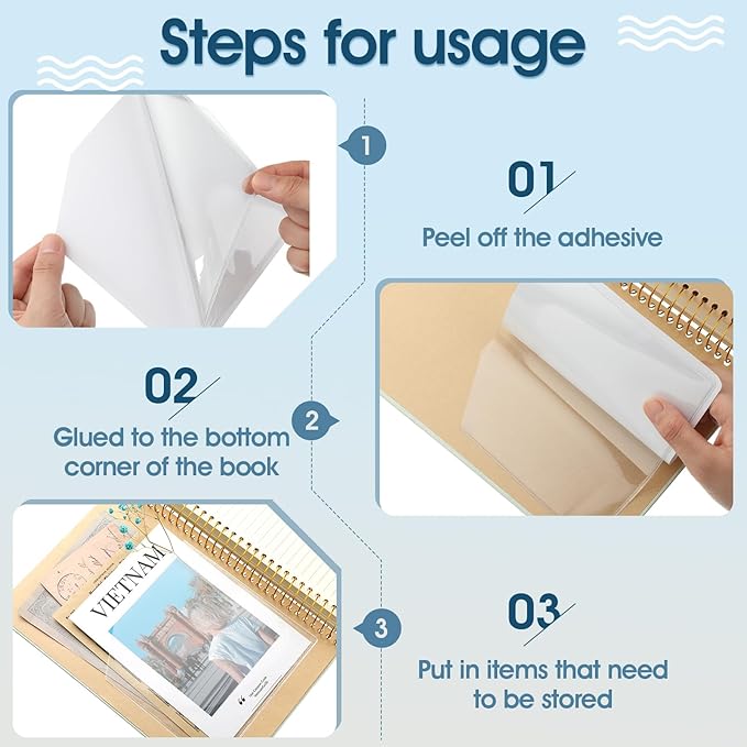 Junkin 10 Pcs Adhesive Pockets for Planners Index Card Pockets Planner Accessories Folder Self Sticky Clear Ideal Holder Top Open Add Storage Space to Notebooks Journal Office School Vinyl, 2 Styles