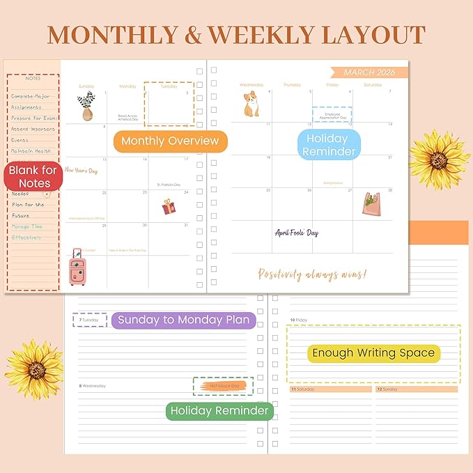 CAGIE 2026 Planner Weekly and Monthly Dec 2025-Dec 2026 Hardcover Calendar Planners with Stickers& Month Tabs for Women Spiral Bound 26 Yearly Agenda, 8.3"x9.1", Sunflower