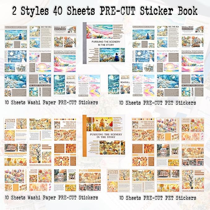 40 Sheets Diecut Washi Sticker Books for Scrapbooking, Summer Seaside Coastal Waves and Gold Fall Fairytale Theme Decorative Stickers for Journaling, Junk Journal Supplies, Scrap Book