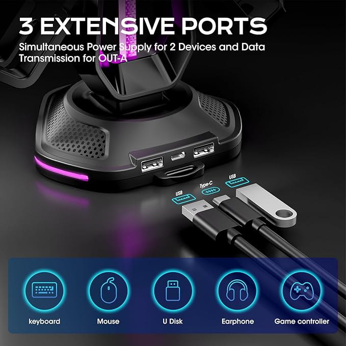 Saitake RGB Controller Holder with 9 Light Modes,Controller Stand with 2 USB Ports,Headset Stand for Desk-Headphone Holder Suitable for All Headphones and Controllers