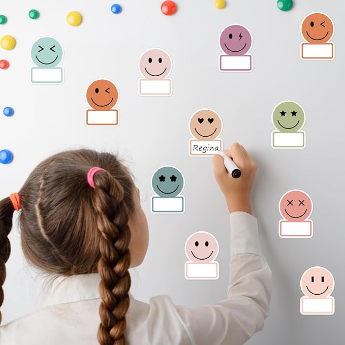 Whaline 135Pcs Boho Smile Face Name Tag Stickers 9 Designs Nameplate Stickers Cute Classroom Bulletin Board Decoration Label Stickers for Office School Desk Wall Decor