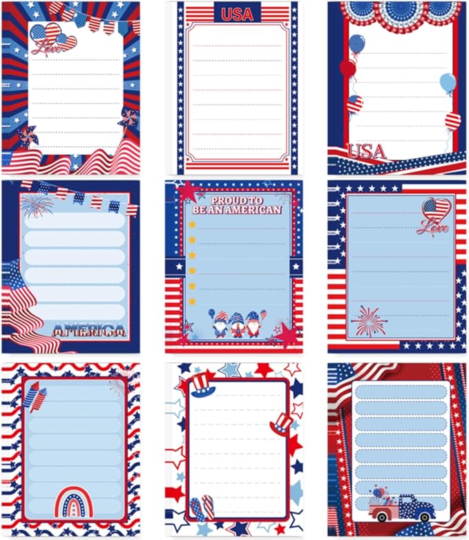 Patriotic Sticky Notes Gifts - 9 Pack Red White Blue Sticky Notes 3x4 Inches, Proud to Be an American Self-Stick Memo Pads, National Memorial Veterans Day Office Supplies, 450 Sheets