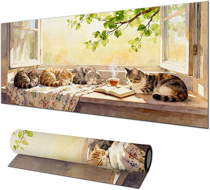 Cat XL Mouse Pad 31.5 x 11.8 Inch Gaming Mousepad Diatomite Large Keyboard Mouse Pad for Home and Office Desk Accessories with Peaceful Sunlit Window Cats Illustration
