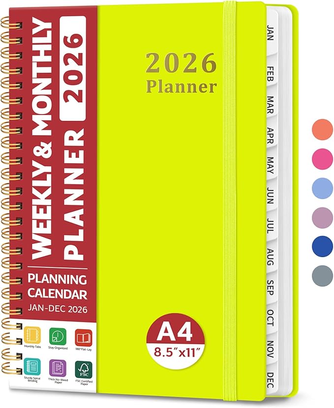 2026 Planner, Weekly and Monthly Calendar Planner, January 2026 - December 2026, Hardcover 2026 Calendar Book with Tabs For Women & Men, Inner Pocket, Spiral Bound, Perfect for Office Home School Supplies - A4 (8.5" x 11"), Lemon Yellow
