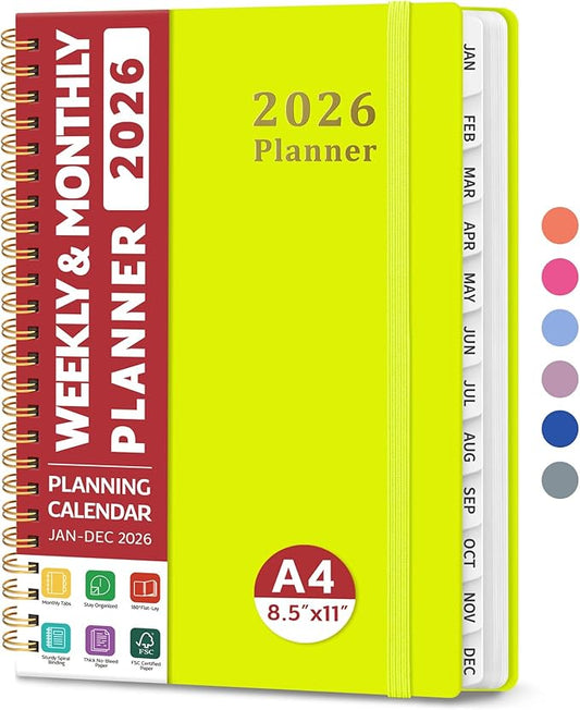 2026 Planner, Weekly and Monthly Calendar Planner, January 2026 - December 2026, Hardcover 2026 Calendar Book with Tabs For Women & Men, Inner Pocket, Spiral Bound, Perfect for Office Home School Supplies - A4 (8.5" x 11"), Lemon Yellow