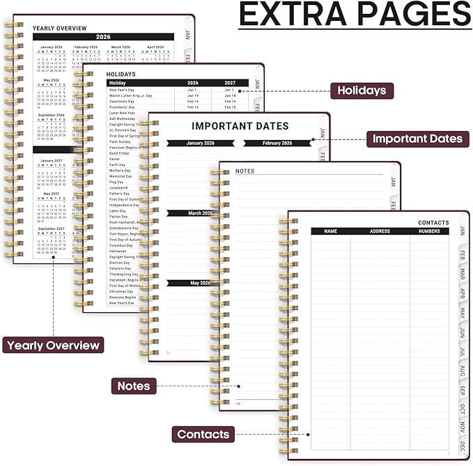 2026 Planner, Weekly and Monthly Calendar Planner, January 2026 - December 2026, Hardcover 2026 Calendar Book with Tabs For Women & Men, Inner Pocket, Spiral Bound, Perfect for Office Home School Supplies - A5 (6.3" x 8.5"), Burgundy