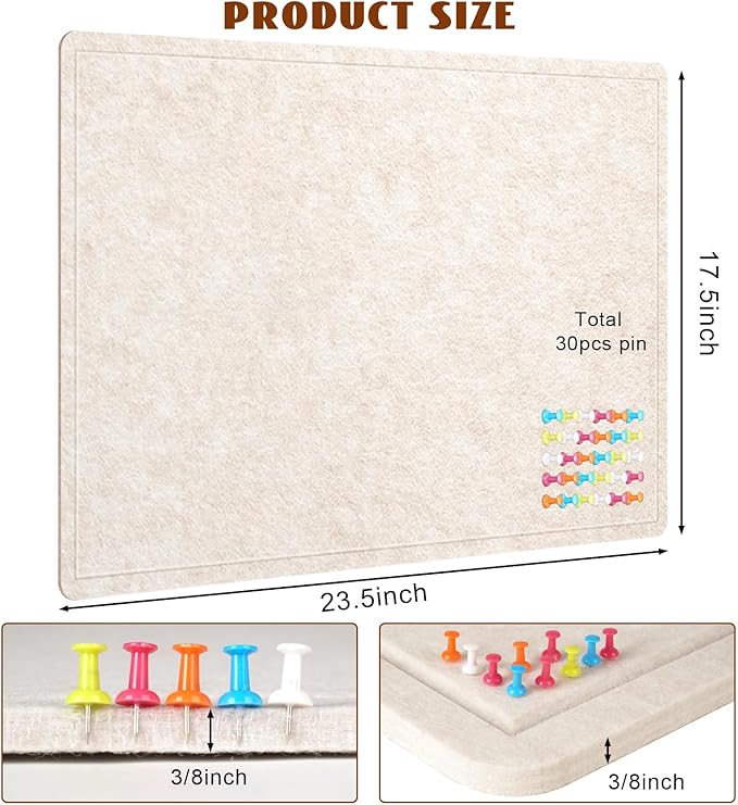 Bulletin Board, 23.5 X 17.5 inches Cork Board with 20 Pushpin, Felt Cork Board Notice Pin Board, Self-Adhesive Vision Board Mood Board Foldable Photo Board for Wall - Oatmeal