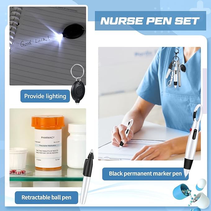 6 Pcs Nurse Pen Set Include Permanent Marker Pen Pen Lights for Nurses Retractable Ballpoint Pen Nursing Keychain Clip Foldable Scissors LED Flashlight Keychain for Nurse Accessories (Silver)