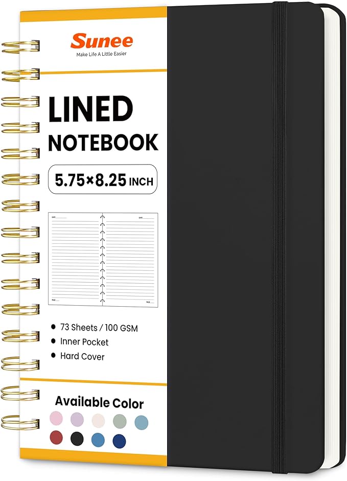 SUNEE Journaling Notebooks, A5 Lined Spiral Notebook for Women, 146 Pages College Ruled Hardcover Notebook for Work, Note Taking, Journaling and Office School Supplies, A5 -Black