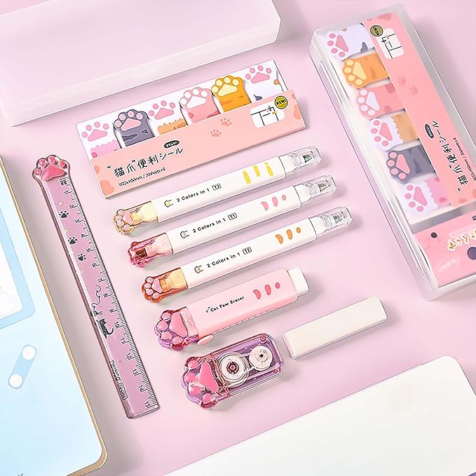 Cat Stationery Set, Cute Stationery Kawaii Retractable Erasers for Kids, Correction Tape Aesthetic, Cat Paw Ruler 15cm, Cute Pens, Sticky Notes Cute, School Supplies for Girls (Pink)