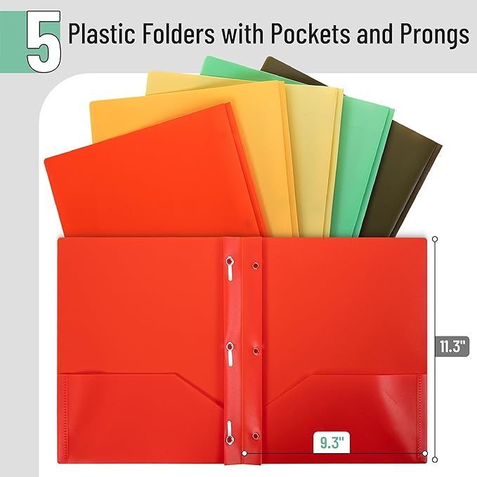 Mr. Pen- Plastic Folders with Pockets and Prongs, 5 Pack, Letter Size, Retro Colors, Flexible Plastic Folders with Prongs