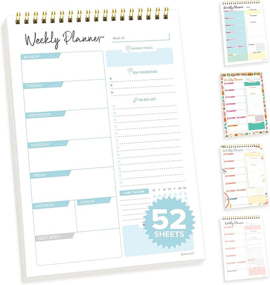 Decorably 52 Sheets Blue Undated Weekly Planner Notepad Small - 6.5x10in Spring-Bound, Easy Tear-Off Design, with Focus, Priorities, to-do List, Habit Tracker, Notes and Doodles - Home, School, Office