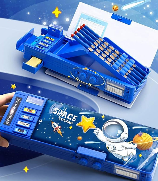 Pop up Multifunction Pencil Case for Kids Unique Stationery Set School Supplies Astronaut Pen Box for School Students Cute Pencil box for Boys with Sharpener Password Lock Schedule Whiteboard(Blue）