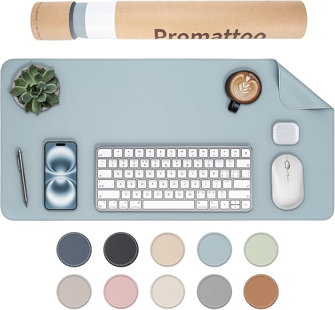 Oversized Non-Slip Desk Pad Protector with Premium Gift Box – Vegan Leather Waterproof Laptop Mat for Keyboard & Mouse, Grips Desk Firmly – Large Office Pad– Morning Fog Blue