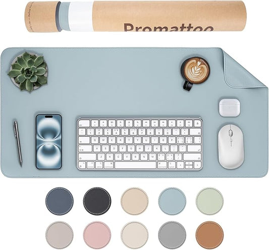 Oversized Non-Slip Desk Pad Protector with Premium Gift Box – Vegan Leather Waterproof Laptop Mat for Keyboard & Mouse, Grips Desk Firmly – Large Office Pad– Morning Fog Blue