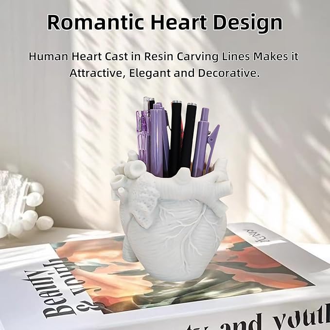 Heart-shaped Pen Holder for Desk Accessories Halloween Decor and Office Decor, Pencil Holder for Desk Organizers, Compact Desk Accessories Gift, Pencil Cup for School, Office, Home (White)