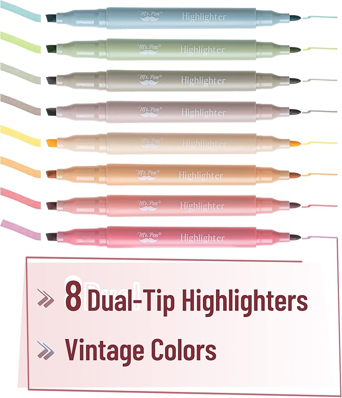 Mr. Pen- Dual Tip Highlighters, 8 Pack, Fine & Chisel, Cute Highlighters Assorted Colors, Dual Tip Markers