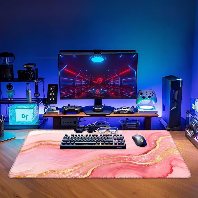 Extended Gaming Mouse Pad Large Desk Mat Anti-Slip Rubber Base & Durable Stitched Edges for Gamers Smooth Mouse Writing Surface for Desk Office/Home (Pink and Gold Stripes, 35.4x15.7Inch)
