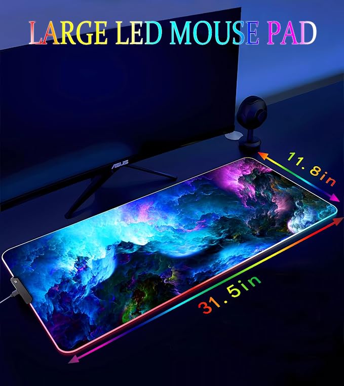 RGB Gaming Mouse Pad, Large Mousepad with Led Light, Keyboard Pad Gaming Accessories for Desk, Non-Slip Rubber Base Big Mouse Mat for Gamer, 31.5 X 11.8 Inch, Dazzling Galaxy
