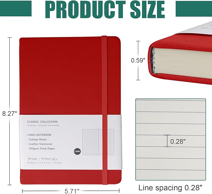 Lined Journal Notebook, 6Pack Hardcover Notebook for Men & Women – Journals for Writing, Work, School, Home & Daily Notes, 160 Pages – Medium A5, 5.7"x8", 100 gsm Thick Paper (Red)