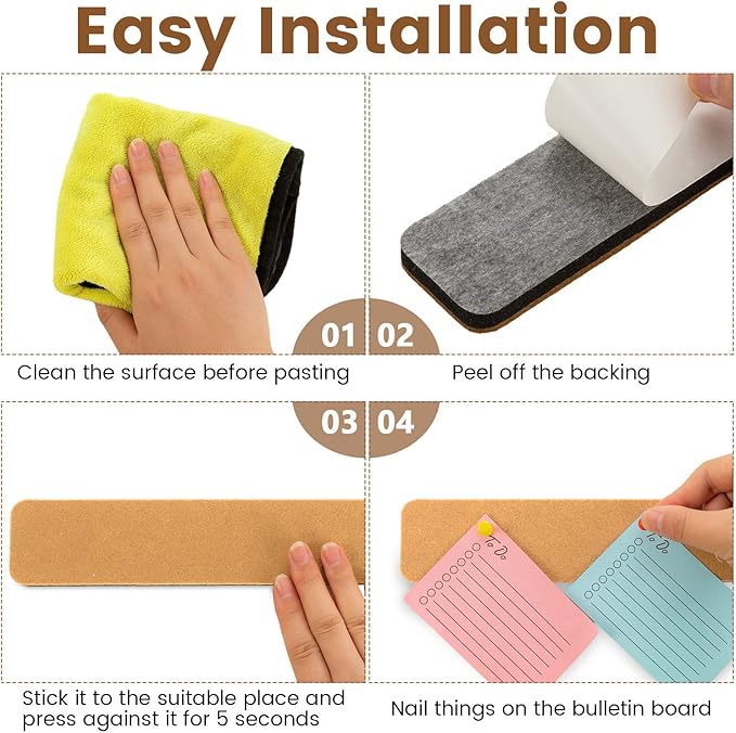 8Pcs Bulletin Board Strips, Self-Adhesive Felt Pin Board Bar Strips with 50 Pushpins, No Damage for Wall, Felt Cork Board Strips for Paste Notes, Photos, Schedules as Classroom Office Home Decor