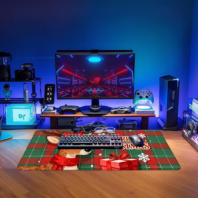 Extended Gaming Mouse Pad Large Desk Mat Anti-Slip Rubber Base & Durable Stitched Edges for Gamers Smooth Mouse Writing Surface for Desk Office/Home (Merry Christmas - Elk, 31.5x11.8inches)